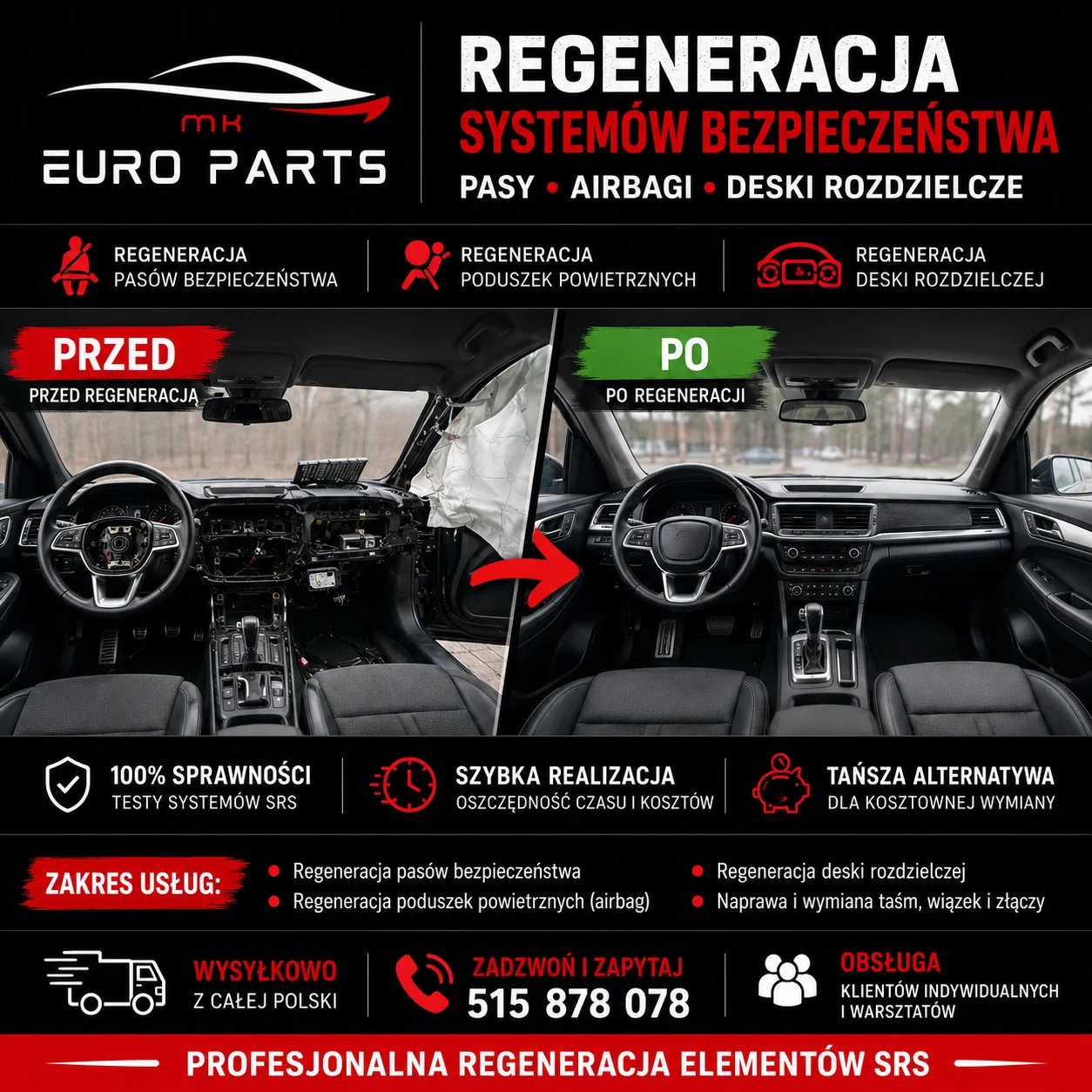 Audi A4 B9 po wystrzale airbagów – regeneracja deski rozdzielczej i systemu SRS